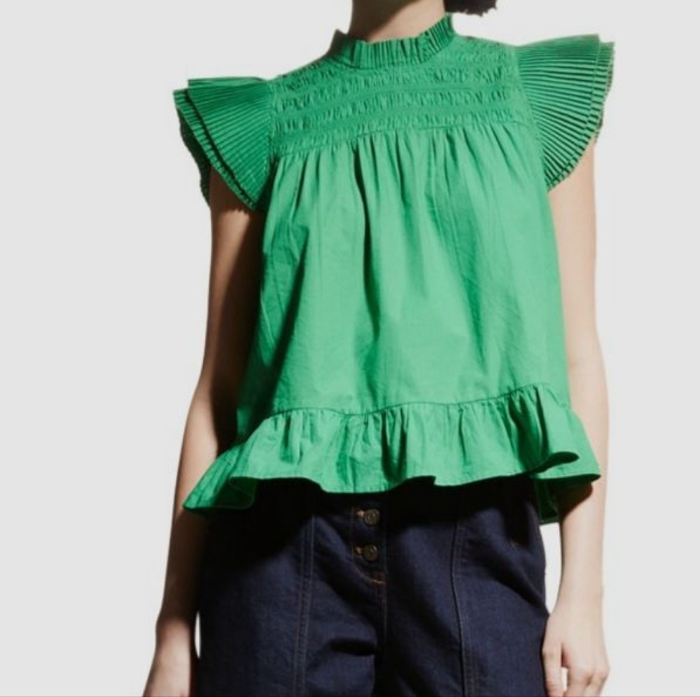 Love The Label Green Blouse M Poppy High Neck Ruffle Top $175